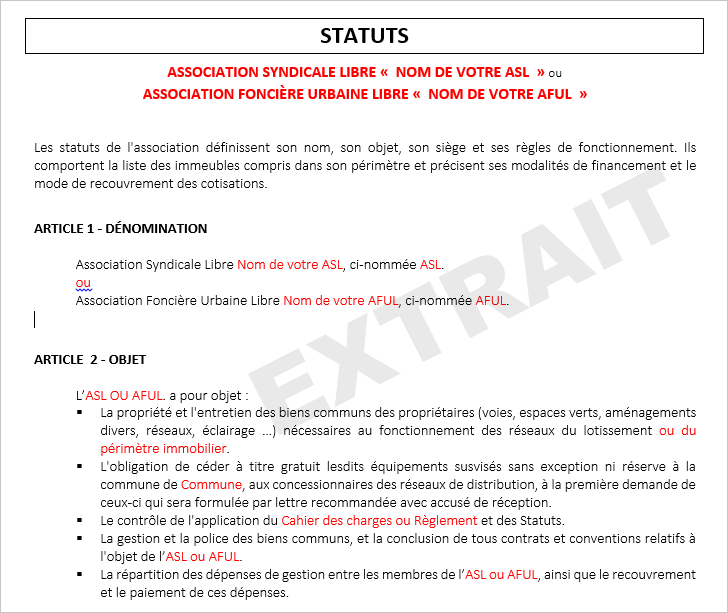 Modèle de statuts ASL/AFUL conformité ordonnance de 2004